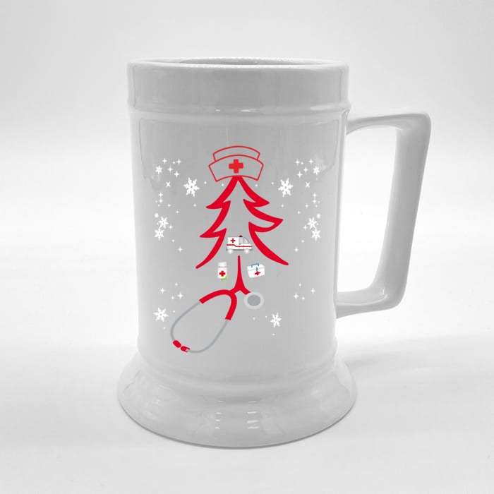 Funny Nurse Stethoscope Christmas Tree Nursing Gift Front & Back Beer Stein