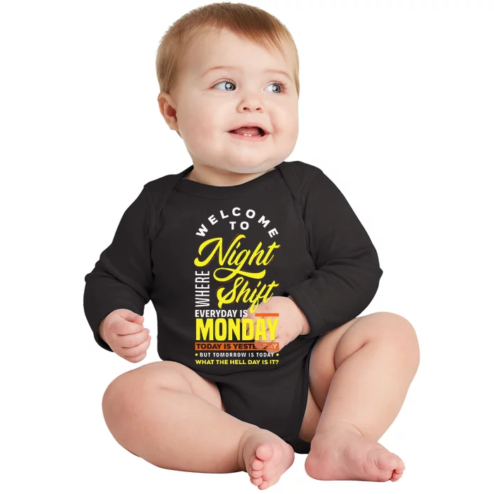 Funny Night Shift Worker Overnight Shift Pun Baby Long Sleeve Bodysuit