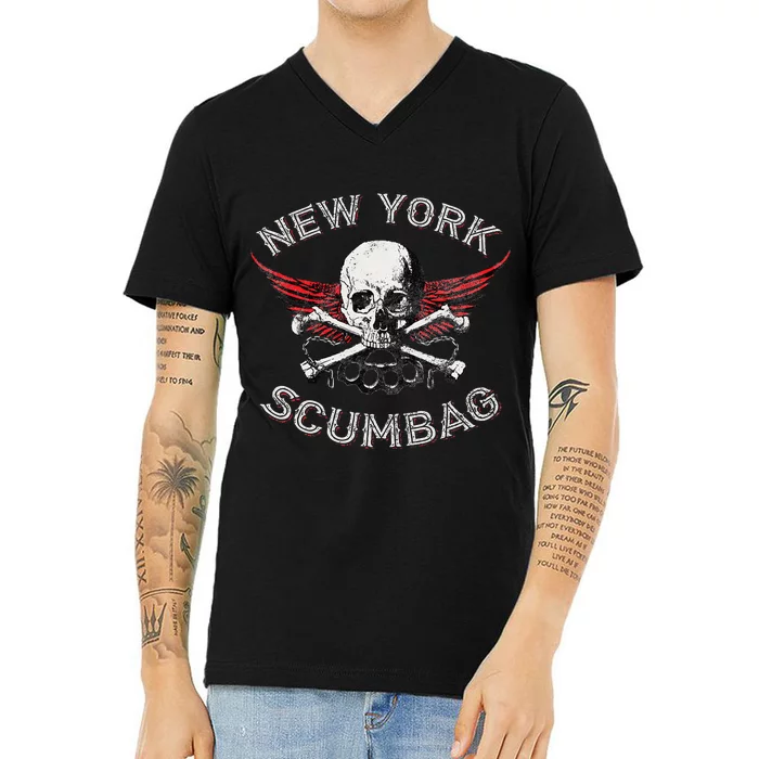 Funny New York Scumbag Vintage Distressed Biker Style V-Neck T-Shirt