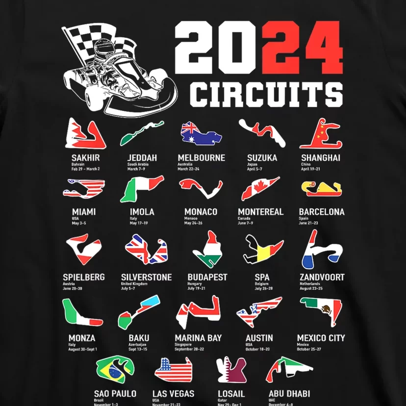 Formula One 2024 Calendar For Race Car Fan Circuits Race T-Shirt