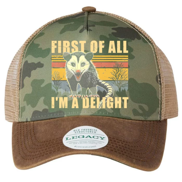 First Of All Im A Delight Sarcastic Funny Opossum Possum Legacy Tie Dye Trucker Hat