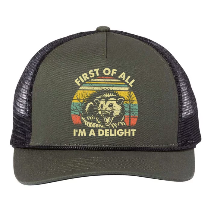 First Of All Im A Delight Sarcastic Angry Opossum Lover Retro Rope Trucker Hat Cap