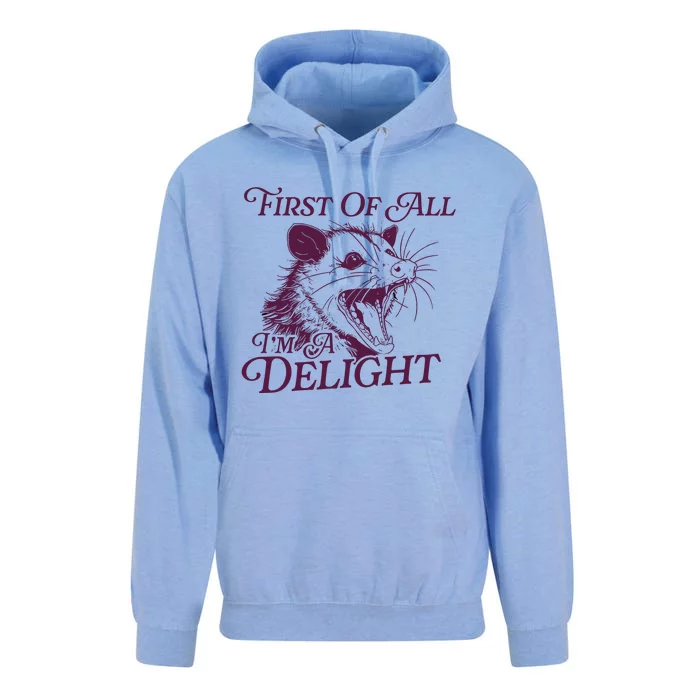 First Of All Im A Delight Sarcastic Angry Opossum Lover Unisex Surf Hoodie