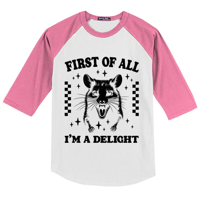 First Of All IM A Delight Sarcastic Angry Opossum Kids Colorblock Raglan Jersey