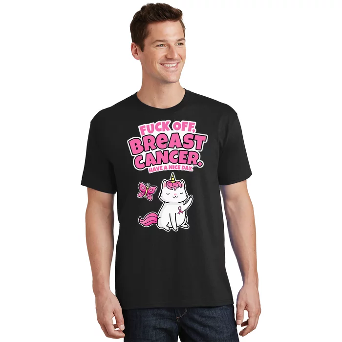 Fuck Off Breast Cancer Unicorn Cat Butterfly Funny Quote T-Shirt