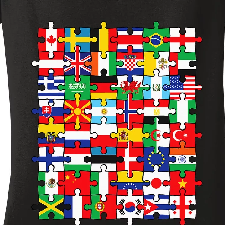 Flags Of Countries Of The World International Flag Puzzle Women's V-Neck T-Shirt