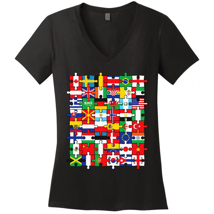 Flags Of Countries Of The World International Flag Puzzle Women's V-Neck T-Shirt