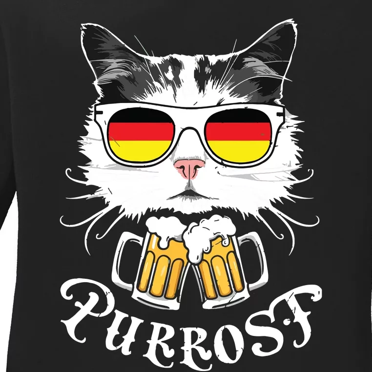 Funny Oktoberfest Cat Kitty Bavarian Drinking Beer Purrost Ladies Long Sleeve Shirt