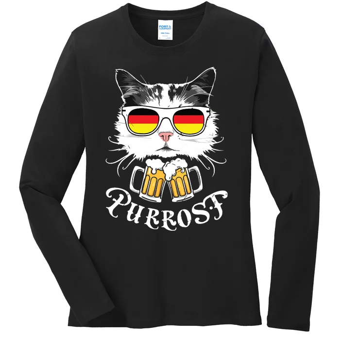 Funny Oktoberfest Cat Kitty Bavarian Drinking Beer Purrost Ladies Long Sleeve Shirt