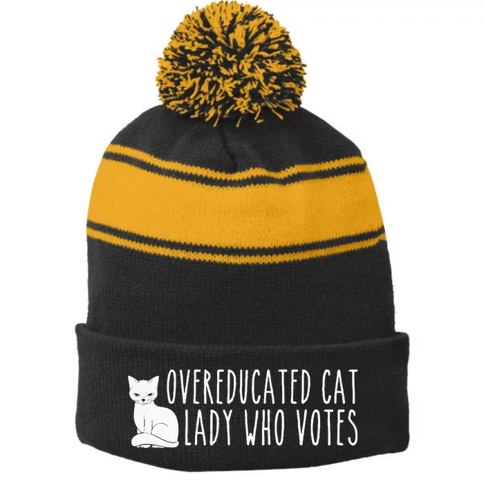 Funny Overeducated Cat Lady Who Votes For Kamala Harris 2024 Stripe Pom Pom Beanie