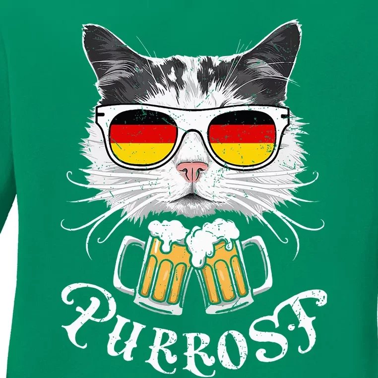 Funny Oktoberfest Cat Kitty Bavarian Drinking Beer Purrost Ladies Long Sleeve Shirt