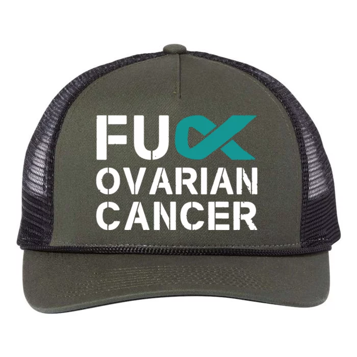 Fuck Ovarian Cancer Awareness Teal Ribbon Warrior Survivor Retro Rope Trucker Hat Cap