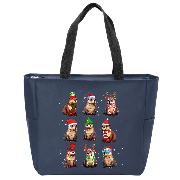 Funny Otters Christmas Lights Decoration Sea Otter Xmas Zip Tote Bag