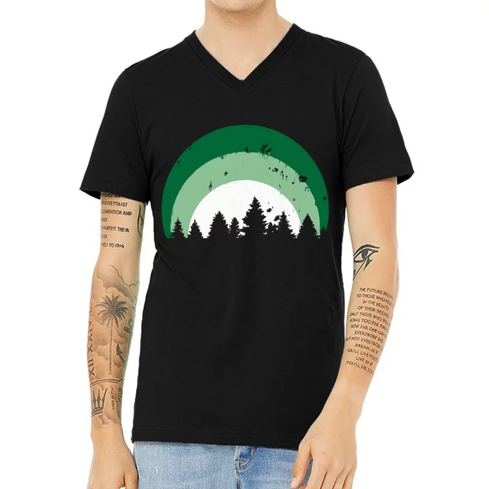 Forest Of Evergreen Tree Silhouette Distressed Trees Lover V-Neck T-Shirt