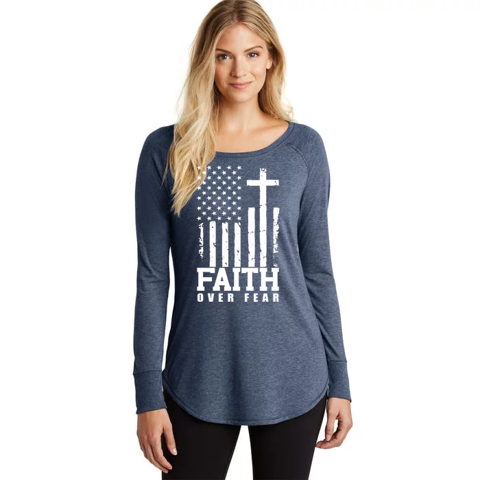 Faith Over Fear American Flag Cross Women's Perfect Tri Tunic Long Sleeve Shirt