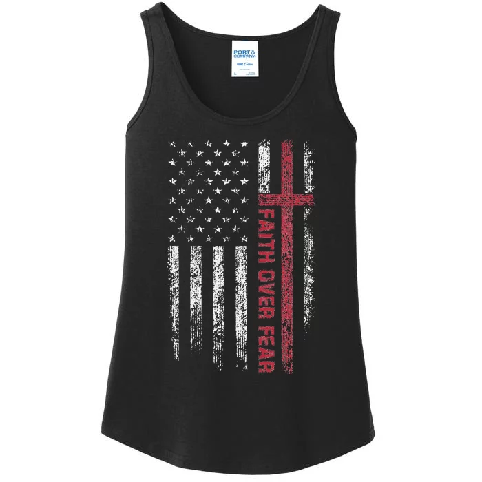 Faith Over Fear Cool Christian Cross American USA Flag Ladies Essential Tank