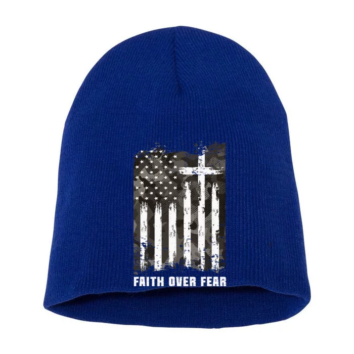 Faith Over Fear Christian Cross Camouflage American Flag Short Acrylic Beanie