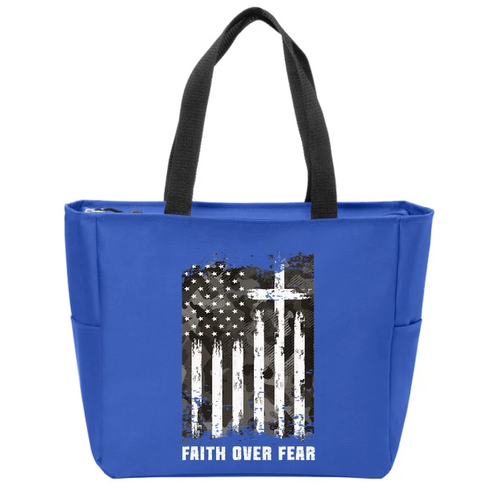 Faith Over Fear Christian Cross Camouflage American Flag Zip Tote Bag