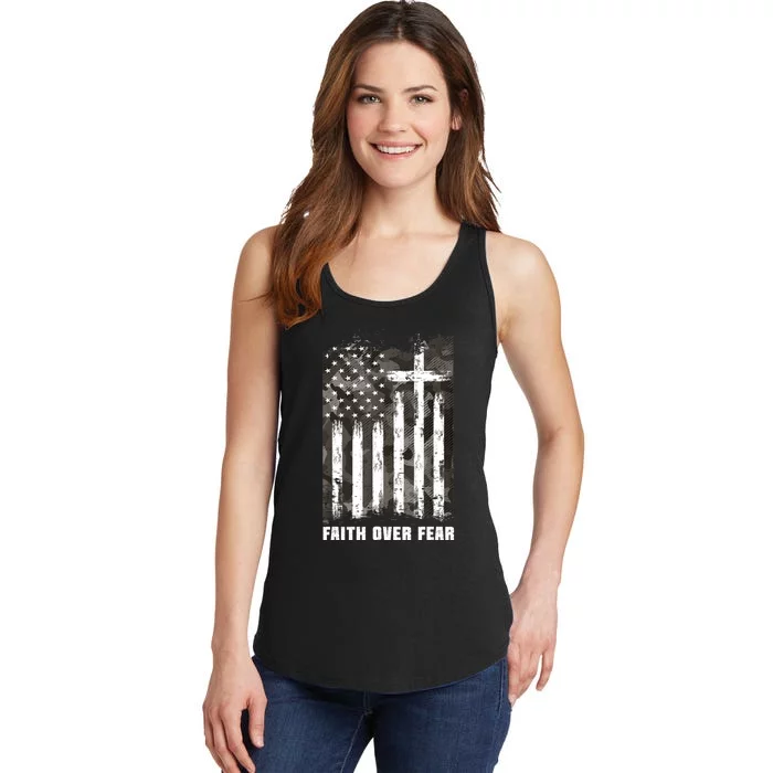 Faith Over Fear Christian Cross Camouflage American Flag Ladies Essential Tank