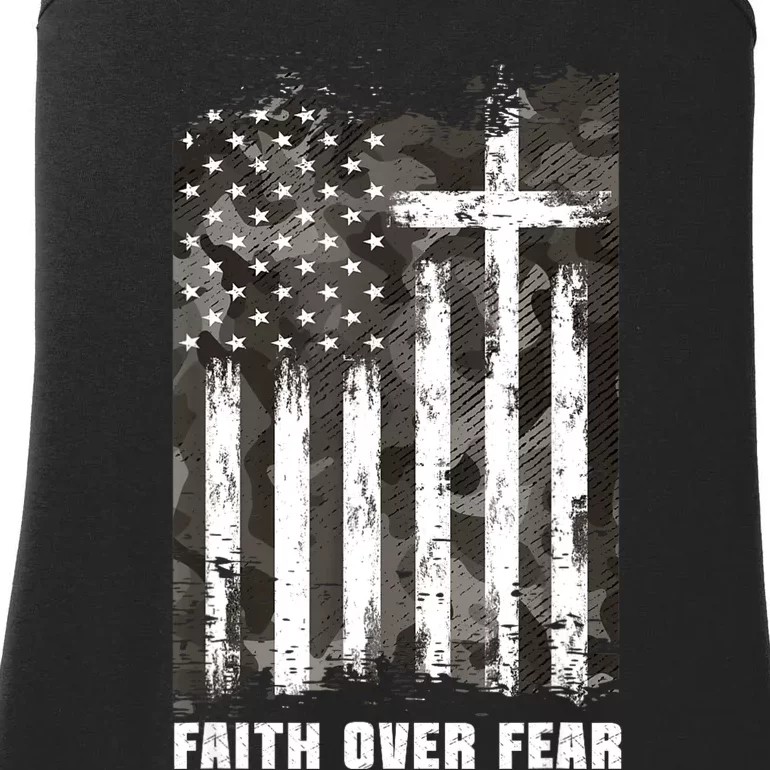 Faith Over Fear Christian Cross Camouflage American Flag Ladies Essential Tank