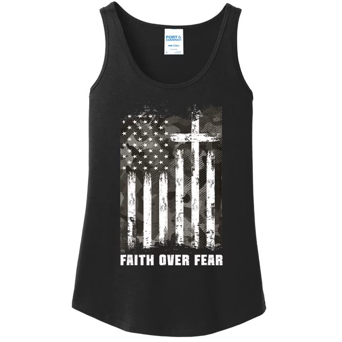 Faith Over Fear Christian Cross Camouflage American Flag Ladies Essential Tank