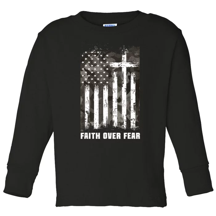 Faith Over Fear Christian Cross Camouflage American Flag Toddler Long Sleeve Shirt