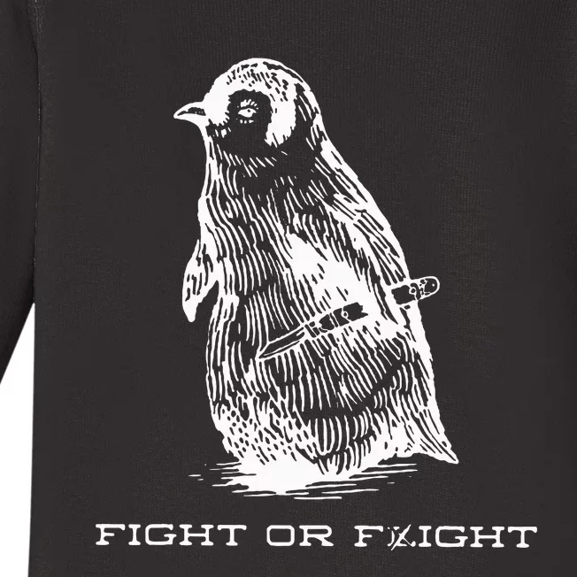 Fight Or Flight Funny Penguin Pun Fight Or Flight Meme Baby Long Sleeve Bodysuit