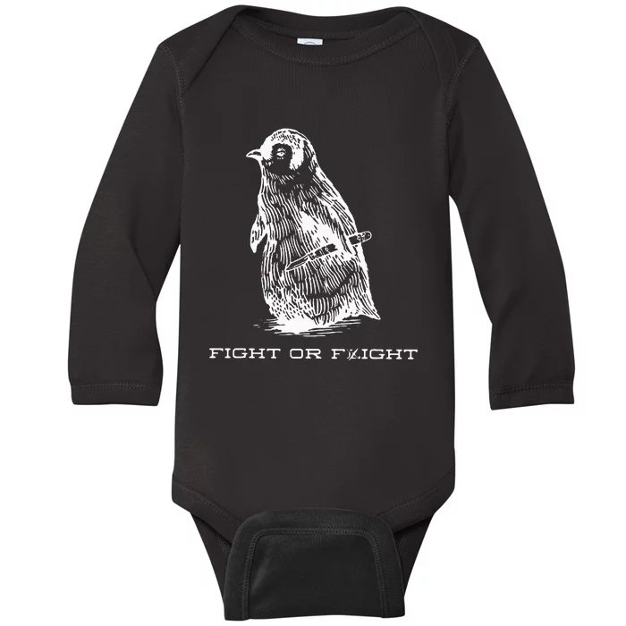 Fight Or Flight Funny Penguin Pun Fight Or Flight Meme Baby Long Sleeve Bodysuit