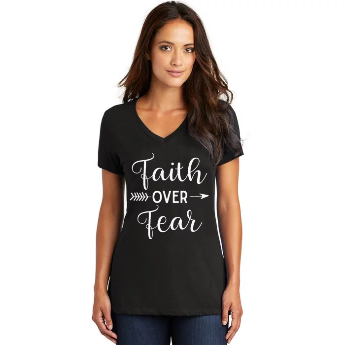 Faith Over Fear Arrow Cute Lettering Inspirational Christian Women's V-Neck T-Shirt