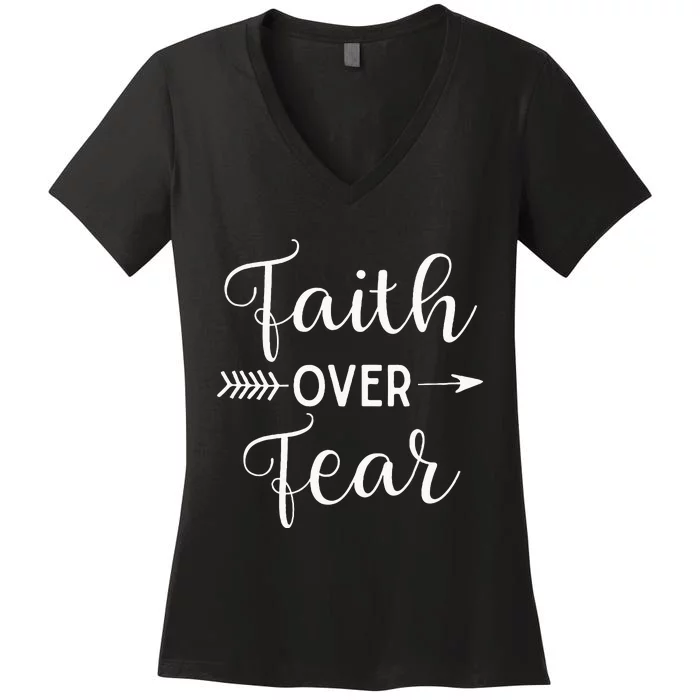 Faith Over Fear Arrow Cute Lettering Inspirational Christian Women's V-Neck T-Shirt