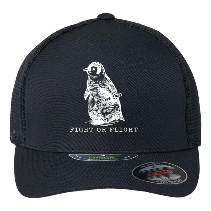 Fight Or Flight Funny Penguin Meme Flexfit Unipanel Trucker Cap