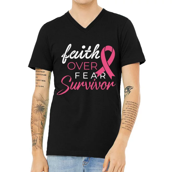 Faith Over Fear Fighter Breast Cancer Awareness Survivor V-Neck T-Shirt