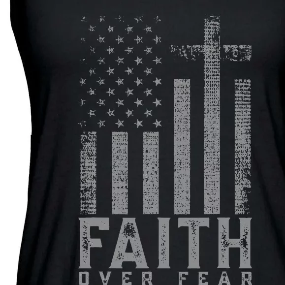 Faith Over Fear Cool Christian Cross American USA Flag Ladies Essential Flowy Tank