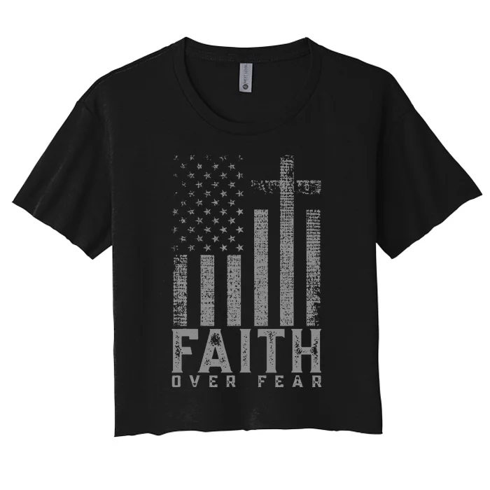 Faith Over Fear Cool Christian Cross American USA Flag Women's Crop Top Tee