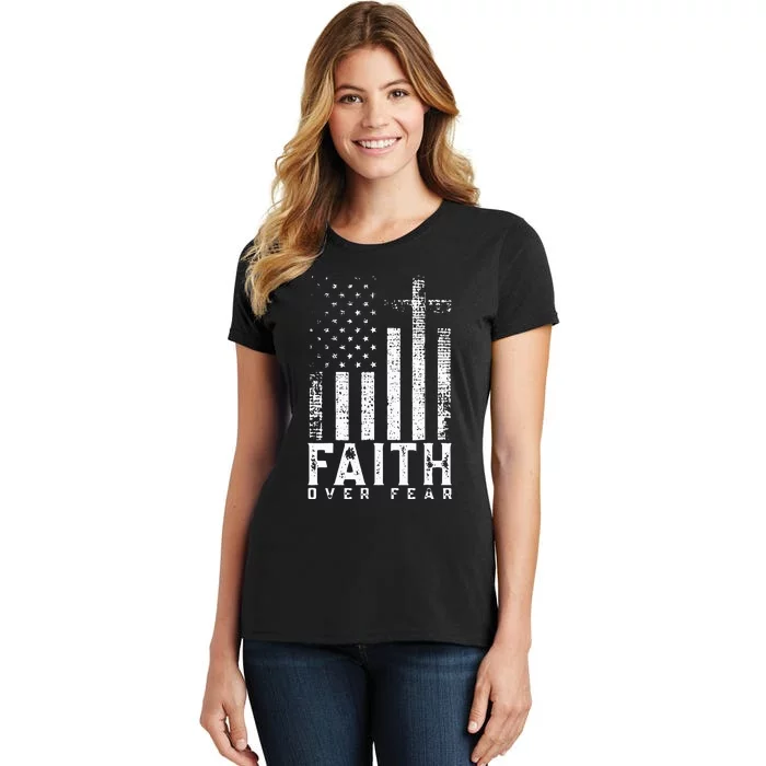 Faith Over Fears Cool Christian Cross American USA Flag Gym Women's T-Shirt