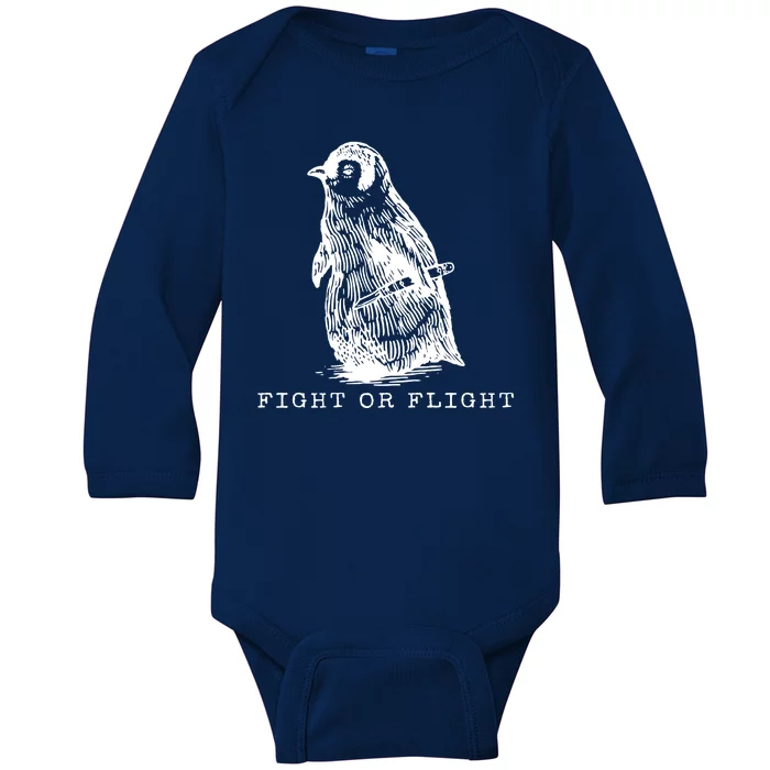 Fight Or Flight Funny Penguin Meme Baby Long Sleeve Bodysuit