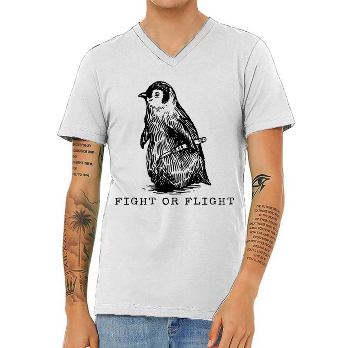 Fight Or Flight Funny Penguin Meme V-Neck T-Shirt