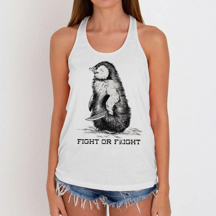 Fight Or Flight Funny Penguin Pun Meme Women's Knotted Racerback Tank