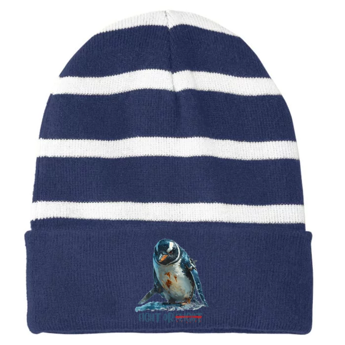 Fight Or Flight Funny Penguin Quote Striped Beanie with Solid Band