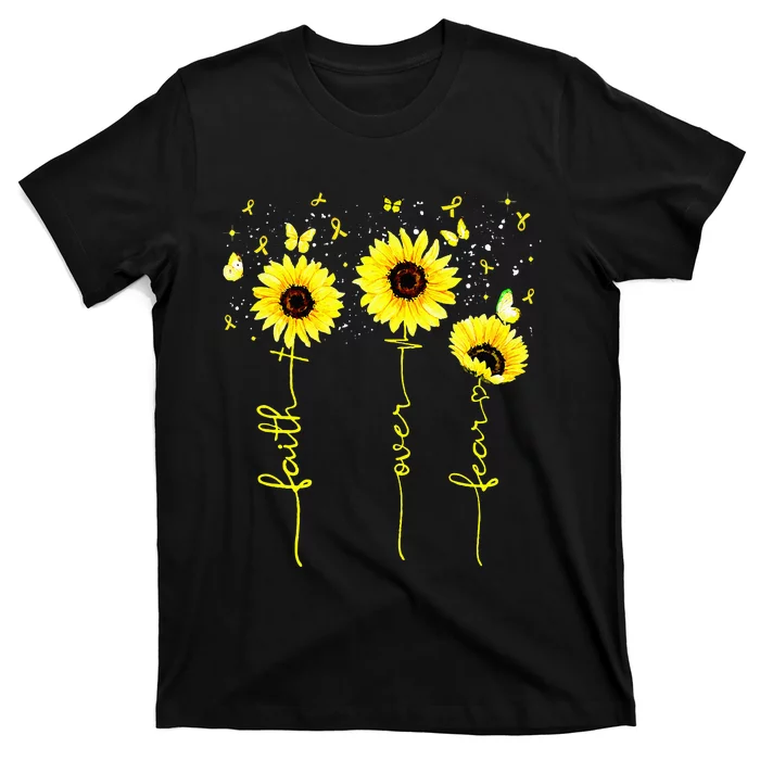 Faith Over Fear Childhood Cancer Awareness Sunflower Jesus T-Shirt