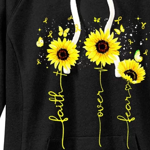 Faith Over Fear Childhood Cancer Awareness Sunflower Jesus Women's Fleece Hoodie