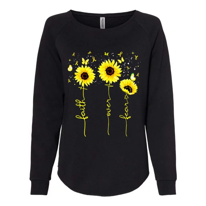 Faith Over Fear Childhood Cancer Awareness Sunflower Jesus Womens California Wash Sweatshirt