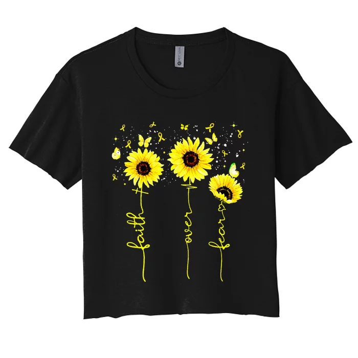 Faith Over Fear Childhood Cancer Awareness Sunflower Jesus Women's Crop Top Tee