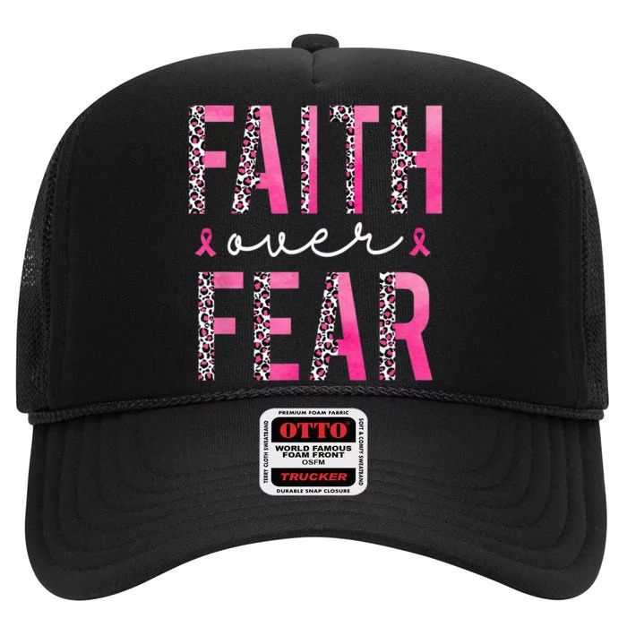 Faith Over Fear Pink Ribbon Breast Cancer Awareness Women High Crown Mesh Trucker Hat