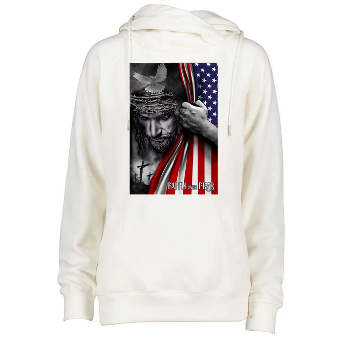 Faith Over Fear God Jesus Christian Flag Funny 4th Of July Womens Funnel Neck Pullover Hood