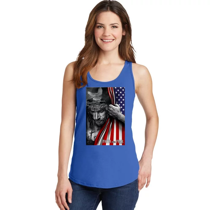 Faith Over Fear God Jesus Christian Flag Funny 4th Of July Ladies Essential Tank