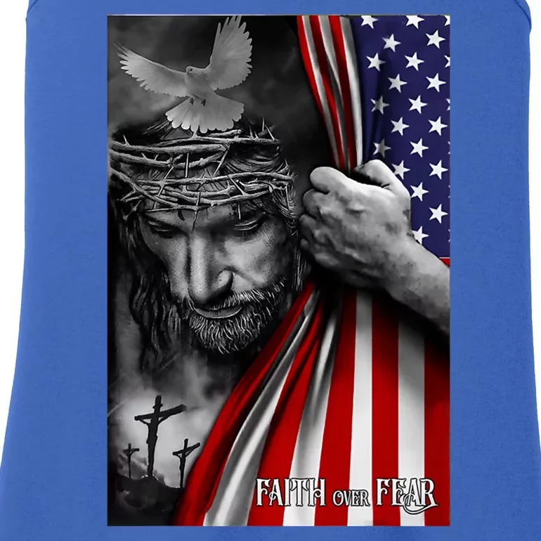 Faith Over Fear God Jesus Christian Flag Funny 4th Of July Ladies Essential Tank