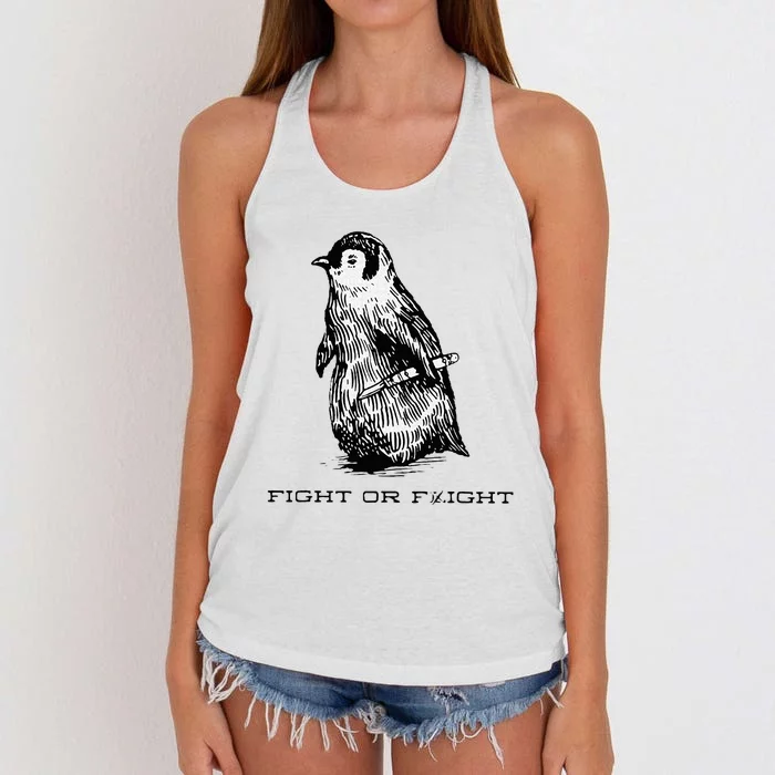 Fight or Flight Funny Penguin Pun Fight Or Flight Meme Women's Knotted Racerback Tank