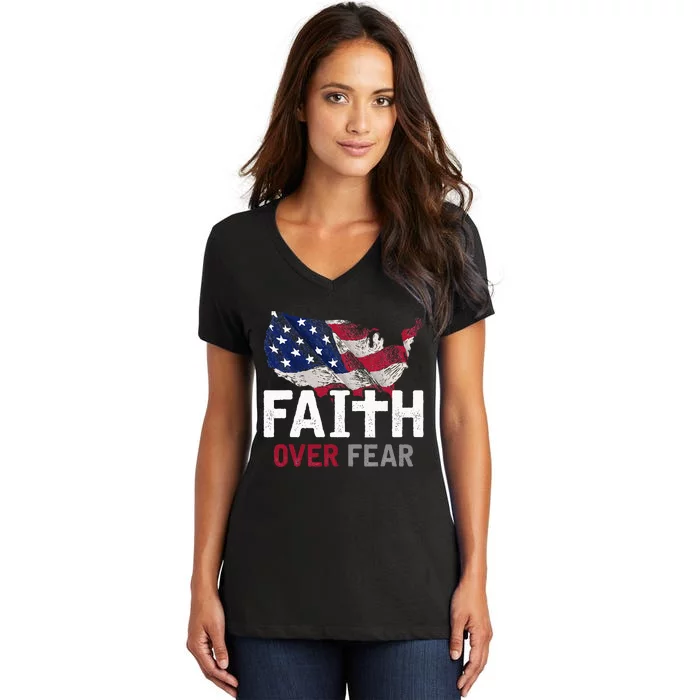 Faith Over Fear Patriotic Christian Usa Flag Lord Jesus Women's V-Neck T-Shirt