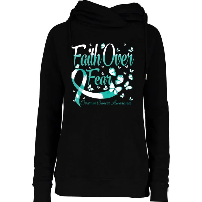 Faith Over Fear Ovarian Cancer Awareness Butterfly Womens Funnel Neck Pullover Hood